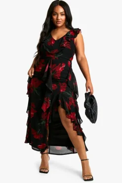 Skater Dresses|Maxi Dresses*boohoo Plus Dark Floral Ruffle Detail Maxi Dress black