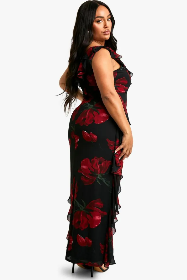 Skater Dresses|Maxi Dresses*boohoo Plus Dark Floral Ruffle Detail Maxi Dress black