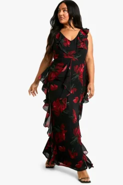 Skater Dresses|Maxi Dresses*boohoo Plus Dark Floral Ruffle Detail Maxi Dress black
