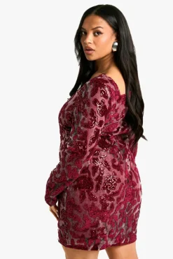 Bodycon Dresses|Mini Dresses*boohoo Plus Demask Square Neck Bodycon Dress berry