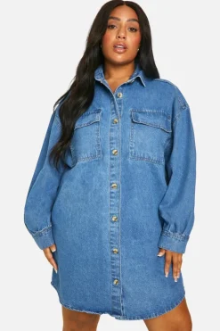 Shirt Dresses|Denim*boohoo Plus Denim Oversized Shirt Dress mid blue