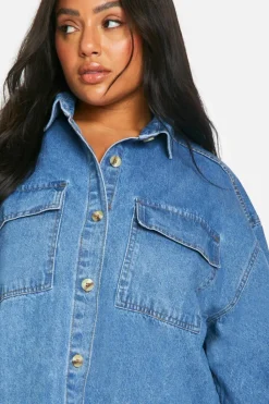 Shirt Dresses|Denim*boohoo Plus Denim Oversized Shirt Dress mid blue