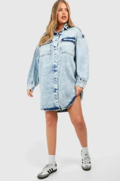Shirt Dresses|Denim*boohoo Plus Denim Oversized Shirt Dress acid wash light blue