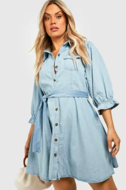 Mini Dresses|Denim*boohoo Plus Denim Pocket Tie Belt Skater Dress light wash