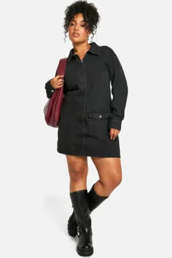Mini Dresses|Long Sleeve Dresses*boohoo PLUS DENIM SHIFT DRESS black