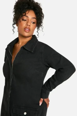 Mini Dresses|Long Sleeve Dresses*boohoo PLUS DENIM SHIFT DRESS black