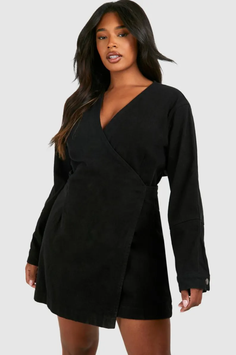 Wrap Dresses|Mini Dresses*boohoo Plus Denim Wrap Dress black