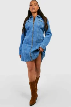 Mini Dresses|Long Sleeve Dresses*boohoo Plus Denim Zip Up Shift Dress mid blue