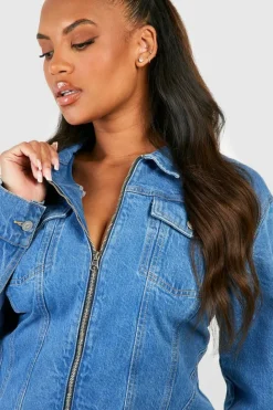Mini Dresses|Long Sleeve Dresses*boohoo Plus Denim Zip Up Shift Dress mid blue