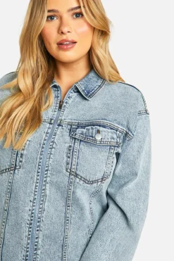 Mini Dresses|Long Sleeve Dresses*boohoo Plus Denim Zip Up Shift Dress acid wash light blue