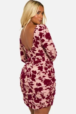 Mini Dresses|Long Sleeve Dresses*boohoo Plus Devore Ruched Flare Sleeve Shift Dress plum