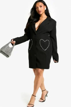 Blazer Dresses*boohoo Plus Diamante Heart Pocket Blazer Dress black