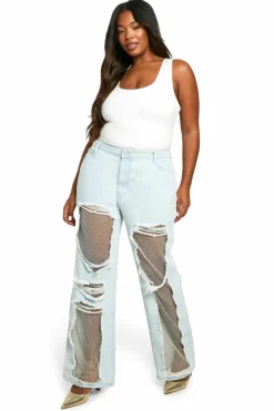 Up To 80% Off Winter Warmers|Jeans*boohoo Plus Diamante Mesh Straight Leg Jean light blue
