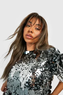 T-Shirt Dresses|Shirt Dresses*boohoo Plus Disc Sequin Oversized T-shirt Party Dress silver