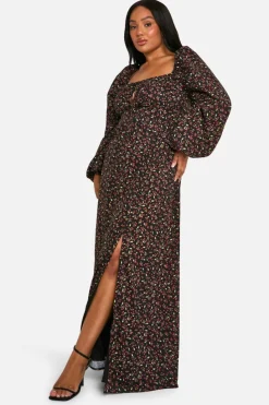 Skater Dresses*boohoo Plus Ditsy Balloon Sleeve Milkmaid Maxi Dress black