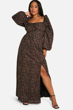 Skater Dresses*boohoo Plus Ditsy Balloon Sleeve Milkmaid Maxi Dress black