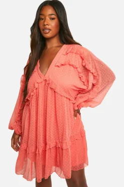 Smock Dresses*boohoo Plus Dobby Ruffle Smock Dress burnt orange
