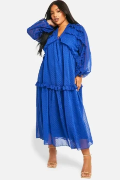 Smock Dresses*boohoo Plus Dobby Ruffle Smock Midaxi Dress cobalt