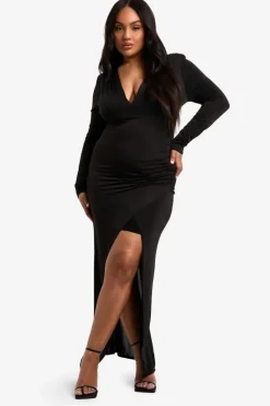 Wrap Dresses*boohoo Plus Double Shoulder Pad Wrap Maxi Dress black