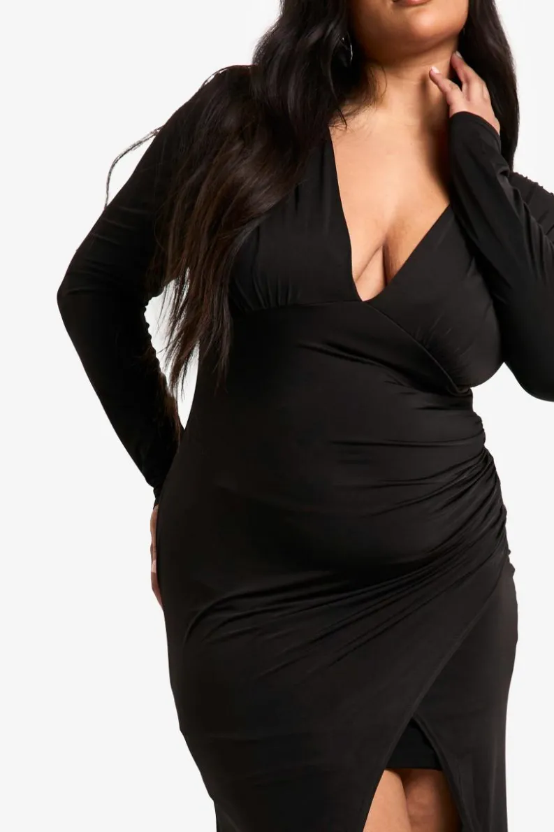 Wrap Dresses*boohoo Plus Double Shoulder Pad Wrap Maxi Dress black