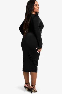 Bodycon Dresses*boohoo Plus Double Slinky Knot Detail Ruched Midaxi Dress black