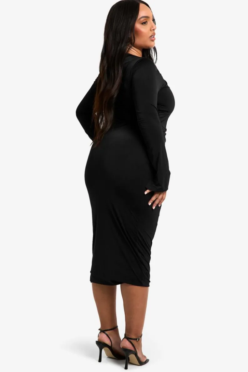 Bodycon Dresses*boohoo Plus Double Slinky Knot Detail Ruched Midaxi Dress black