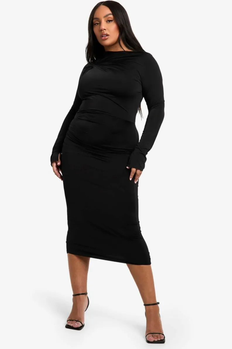 Bodycon Dresses*boohoo Plus Double Slinky Knot Detail Ruched Midaxi Dress black