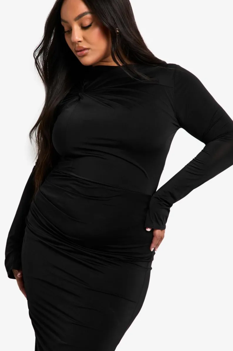 Bodycon Dresses*boohoo Plus Double Slinky Knot Detail Ruched Midaxi Dress black