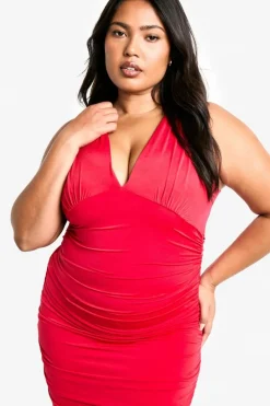Midi Dresses*boohoo Plus Double Slinky Plunge Ruched Midi Dress red