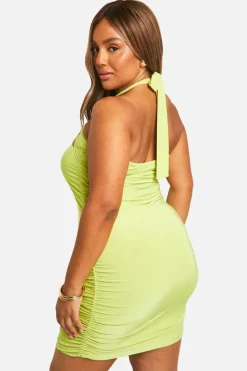 Bodycon Dresses*boohoo Plus Double Slinky Ruched Trim Detail Mini Dress lime