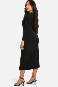 Midi Dresses|Long Sleeve Dresses*boohoo Plus Double Slinky Twist Detail Midi Dress black