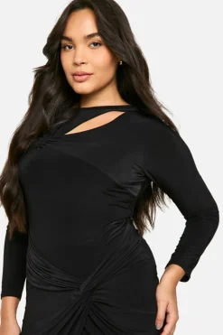 Midi Dresses|Long Sleeve Dresses*boohoo Plus Double Slinky Twist Detail Midi Dress black