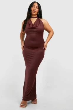 Bodycon Dresses*boohoo Plus Drape Halterneck Slinky Maxi Dress cherry