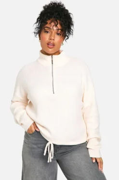 Jumpers*boohoo Plus Drawstring Zip Funnel Neck Jumper ecru