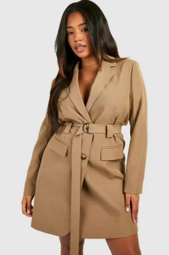 Blazer Dresses|Long Sleeve Dresses*boohoo Plus D-ring Utility Blazer Dress taupe