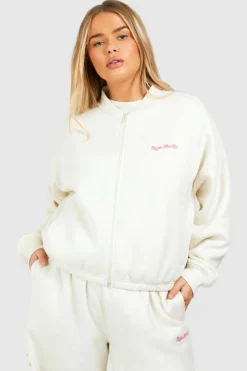 Sweatshirts|Hoodies & Sweatshirts*boohoo Plus Dsgn Studio Script Zip Through Bomber Sweatshirt ecru