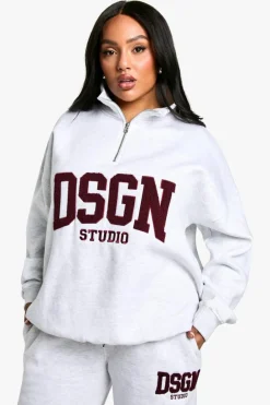 Sweatshirts|Dsgn Studio*boohoo Plus DSGN Studio Towelling Applique Oversized Half Zip Sweatshirt ash grey