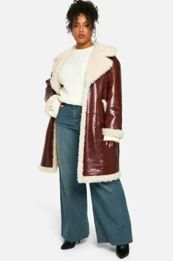 Up To 80% Off Winter Warmers|Aviator Jackets*boohoo Plus Faux Leather Teddy Trim Longline Aviator Jacket burgundy