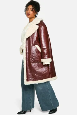 Up To 80% Off Winter Warmers|Aviator Jackets*boohoo Plus Faux Leather Teddy Trim Longline Aviator Jacket burgundy