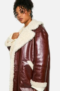 Up To 80% Off Winter Warmers|Aviator Jackets*boohoo Plus Faux Leather Teddy Trim Longline Aviator Jacket burgundy