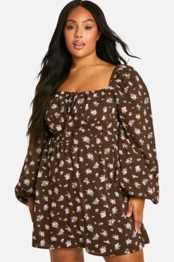 Skater Dresses*boohoo Plus Floral Balloon Sleeve Milkmaid Skater Dress brown