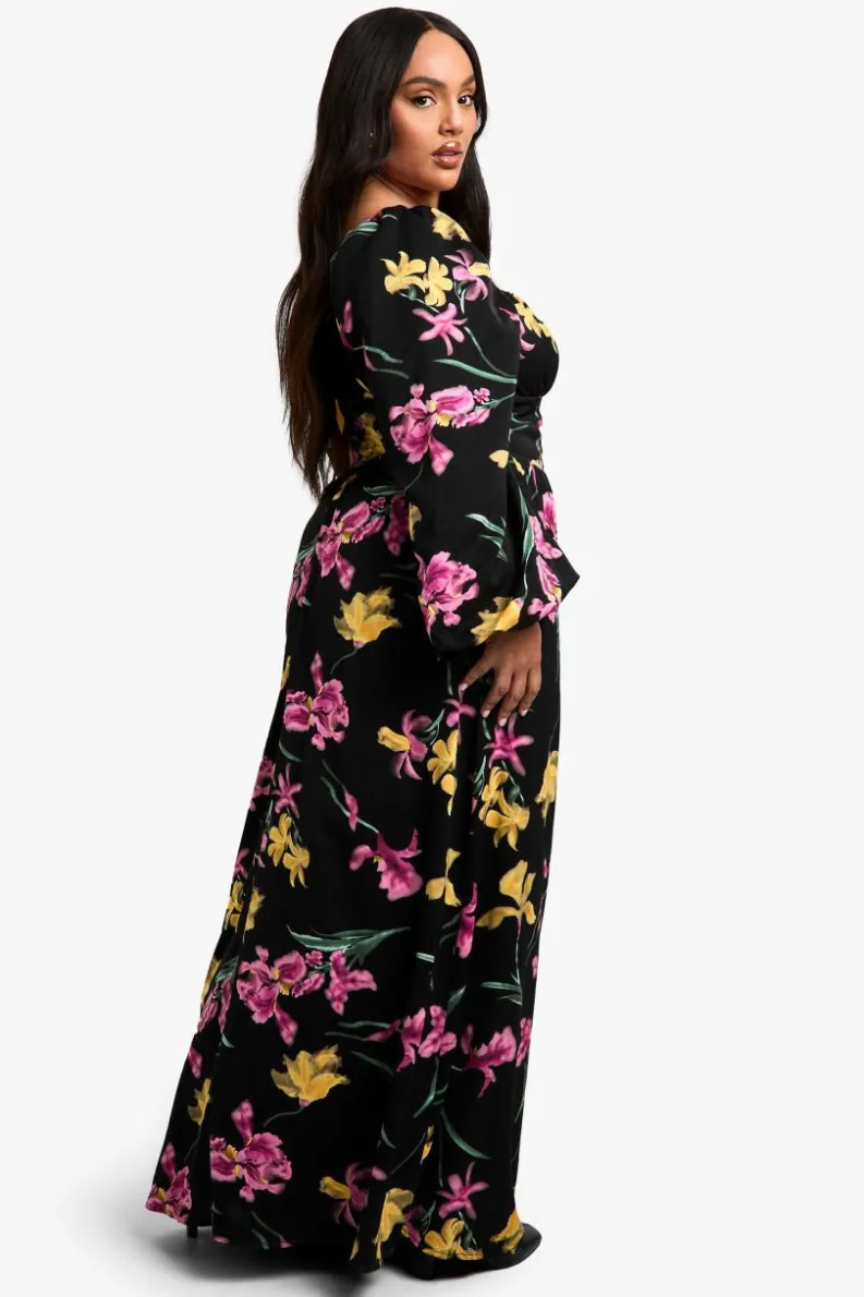 Skater Dresses|Maxi Dresses*boohoo Plus floral Balloon Sleeve Milkmaid Maxi Dress black