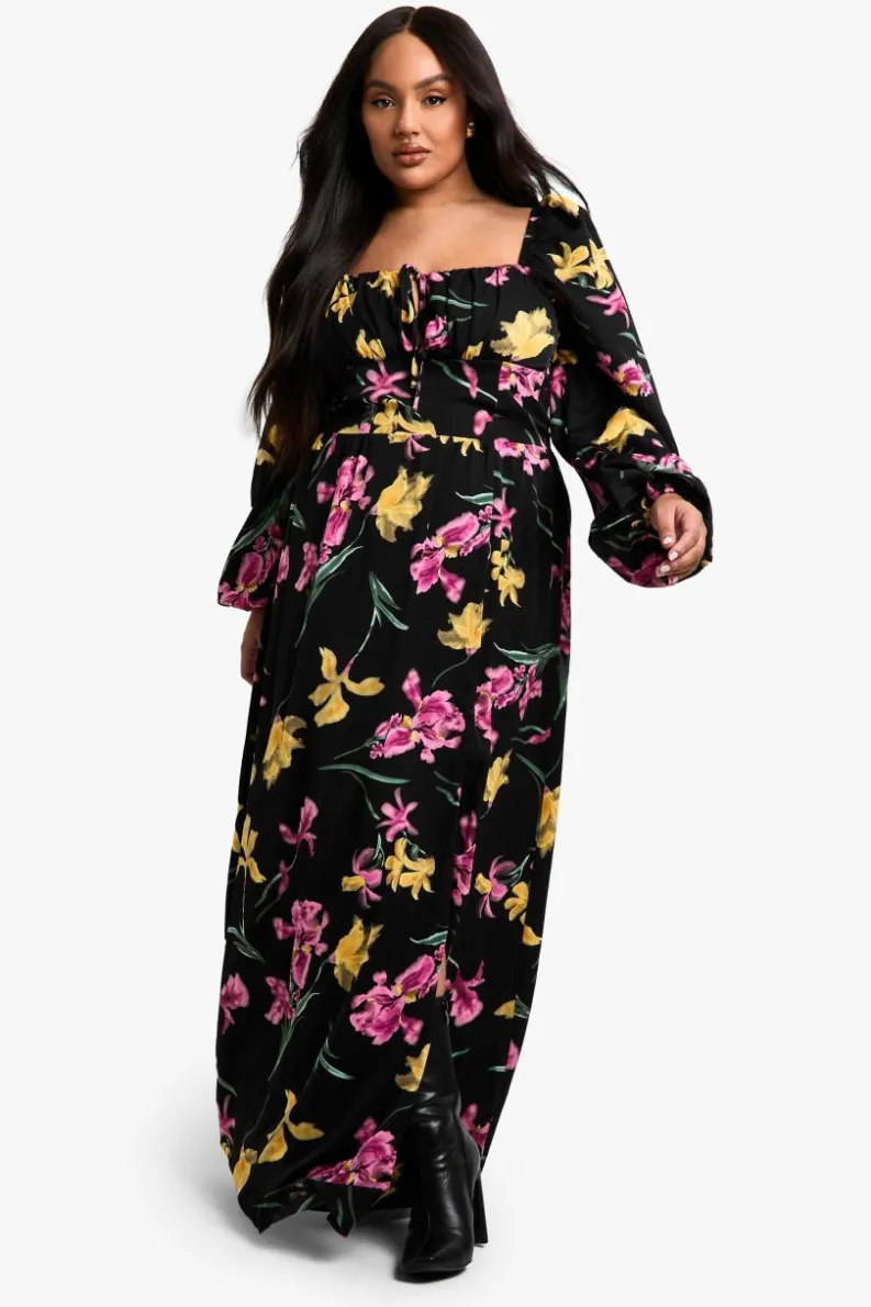 Skater Dresses|Maxi Dresses*boohoo Plus floral Balloon Sleeve Milkmaid Maxi Dress black