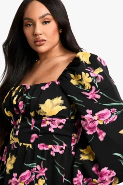 Skater Dresses|Maxi Dresses*boohoo Plus floral Balloon Sleeve Milkmaid Maxi Dress black