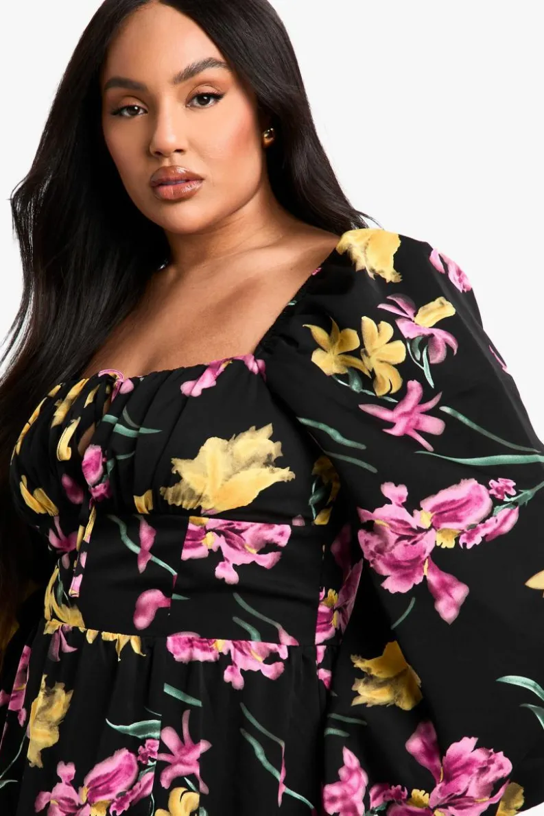 Skater Dresses|Maxi Dresses*boohoo Plus floral Balloon Sleeve Milkmaid Maxi Dress black