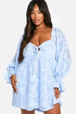 Smock Dresses*boohoo Plus Floral Burnout Ruched Detail Skater Dress blue
