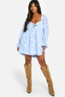 Smock Dresses*boohoo Plus Floral Burnout Ruched Detail Skater Dress blue