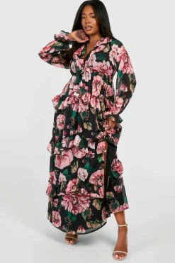 Smock Dresses*boohoo Plus Floral Chiffon Ruffle Maxi Dress black