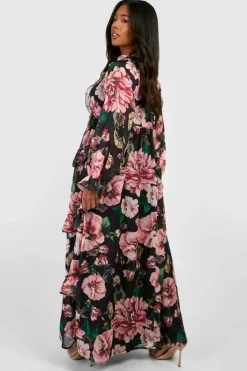Smock Dresses*boohoo Plus Floral Chiffon Ruffle Maxi Dress black