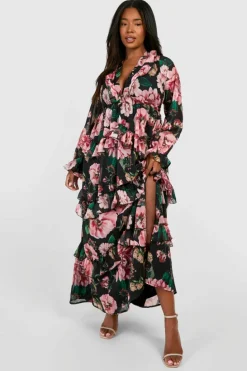 Smock Dresses*boohoo Plus Floral Chiffon Ruffle Maxi Dress black